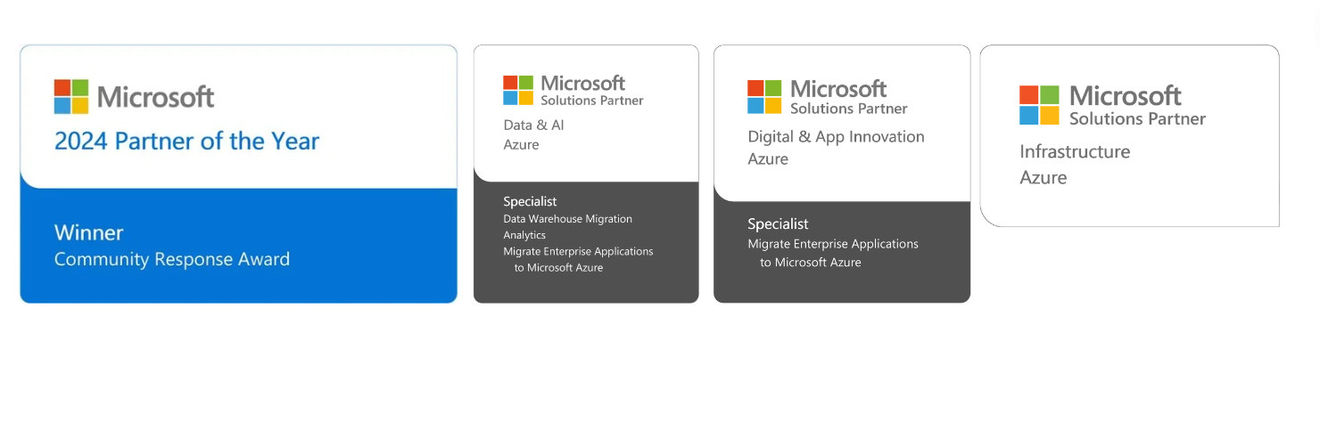 Microsoft Solutions Partner badges, as well as the 2024 Partner of the Year badge.
