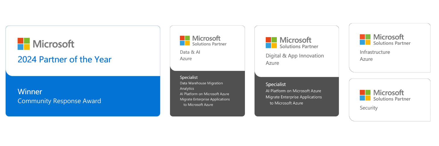 Microsoft Solutions Partner Logos, including our Microsoft Partner of the Year badge
