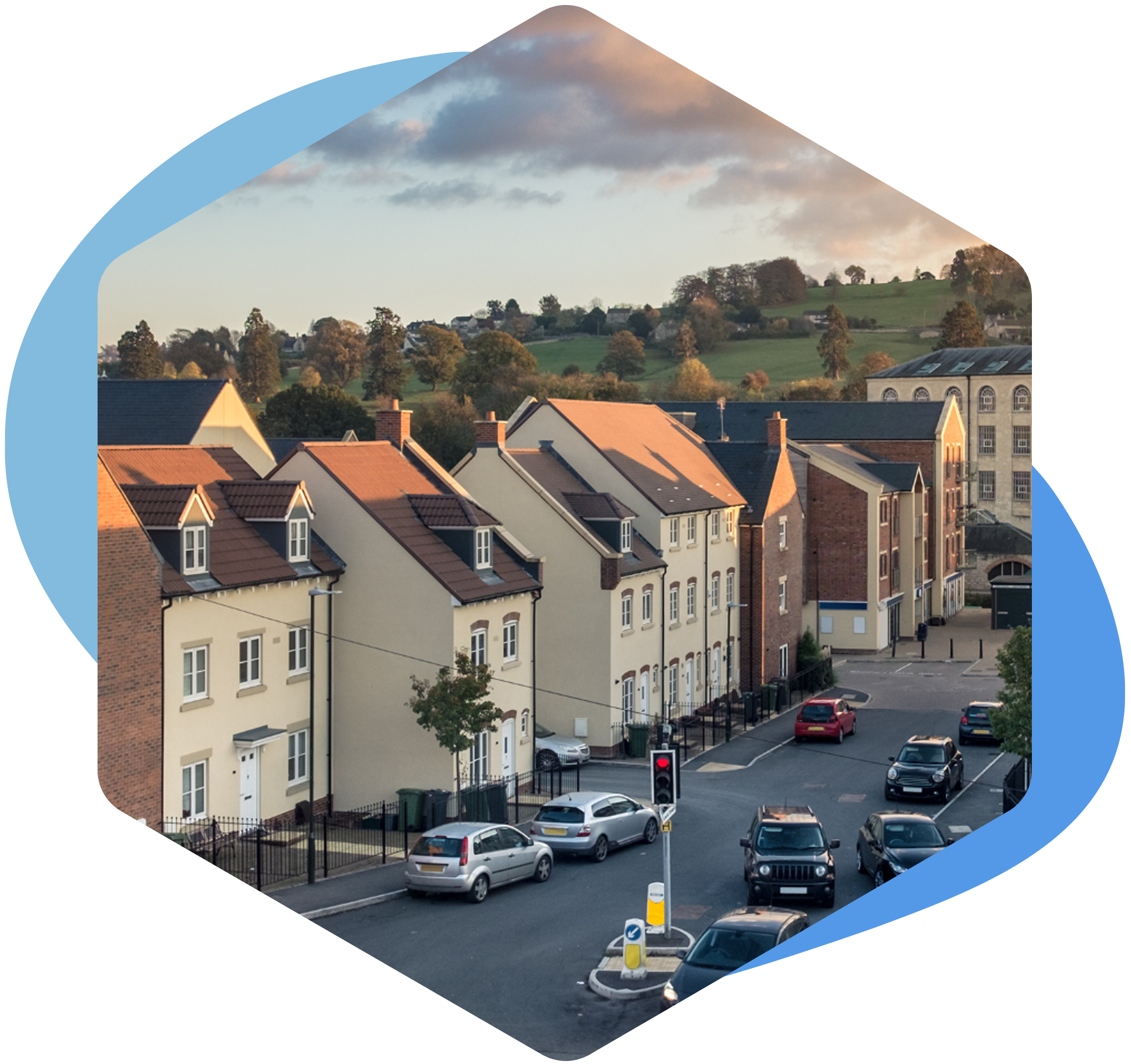 A hexagon shape showing a street of houses and the traffic beside these houses.