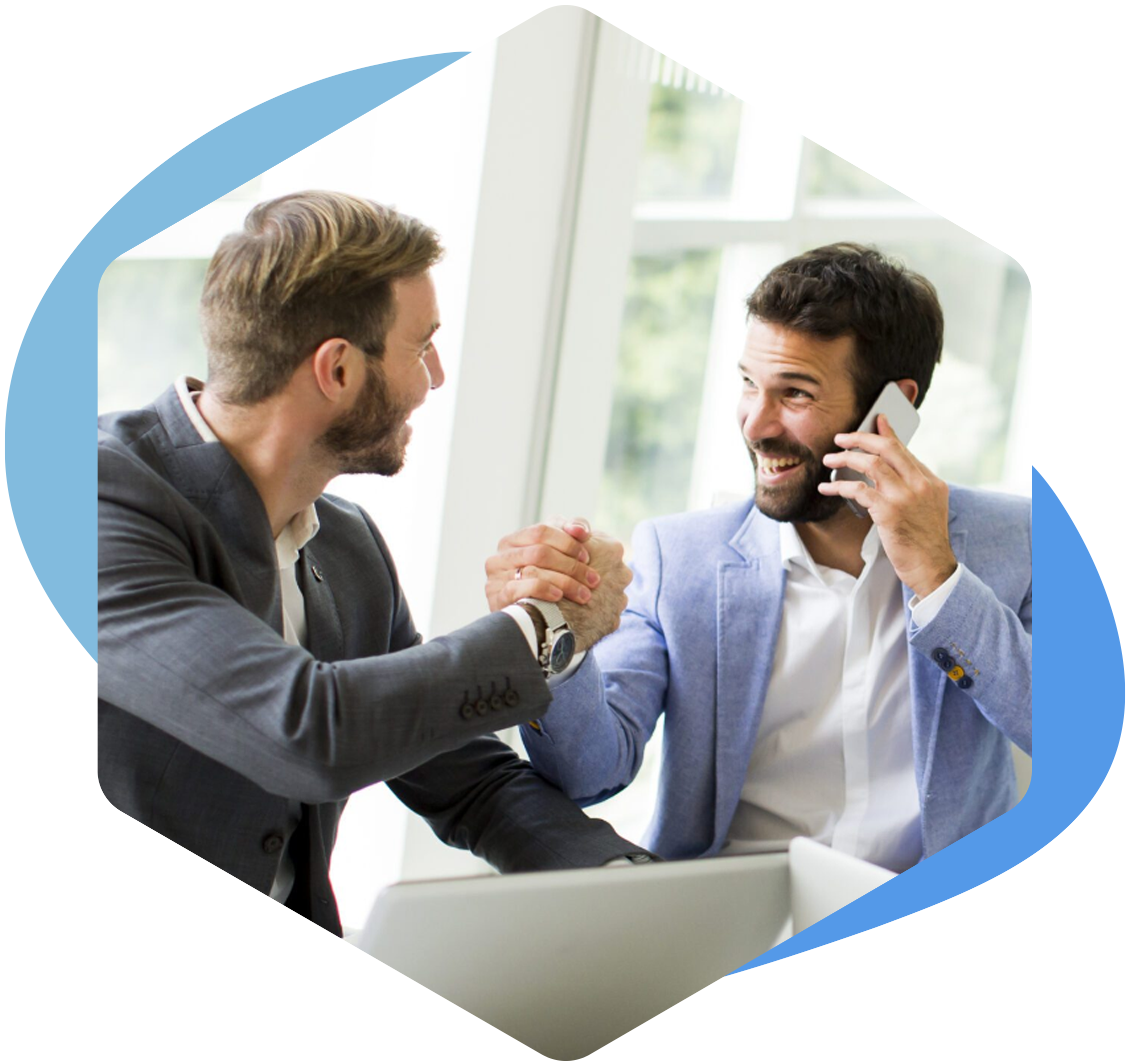 a hexagon shape show two man, talking and laughing, shaking hands while one of them in on the phone.
