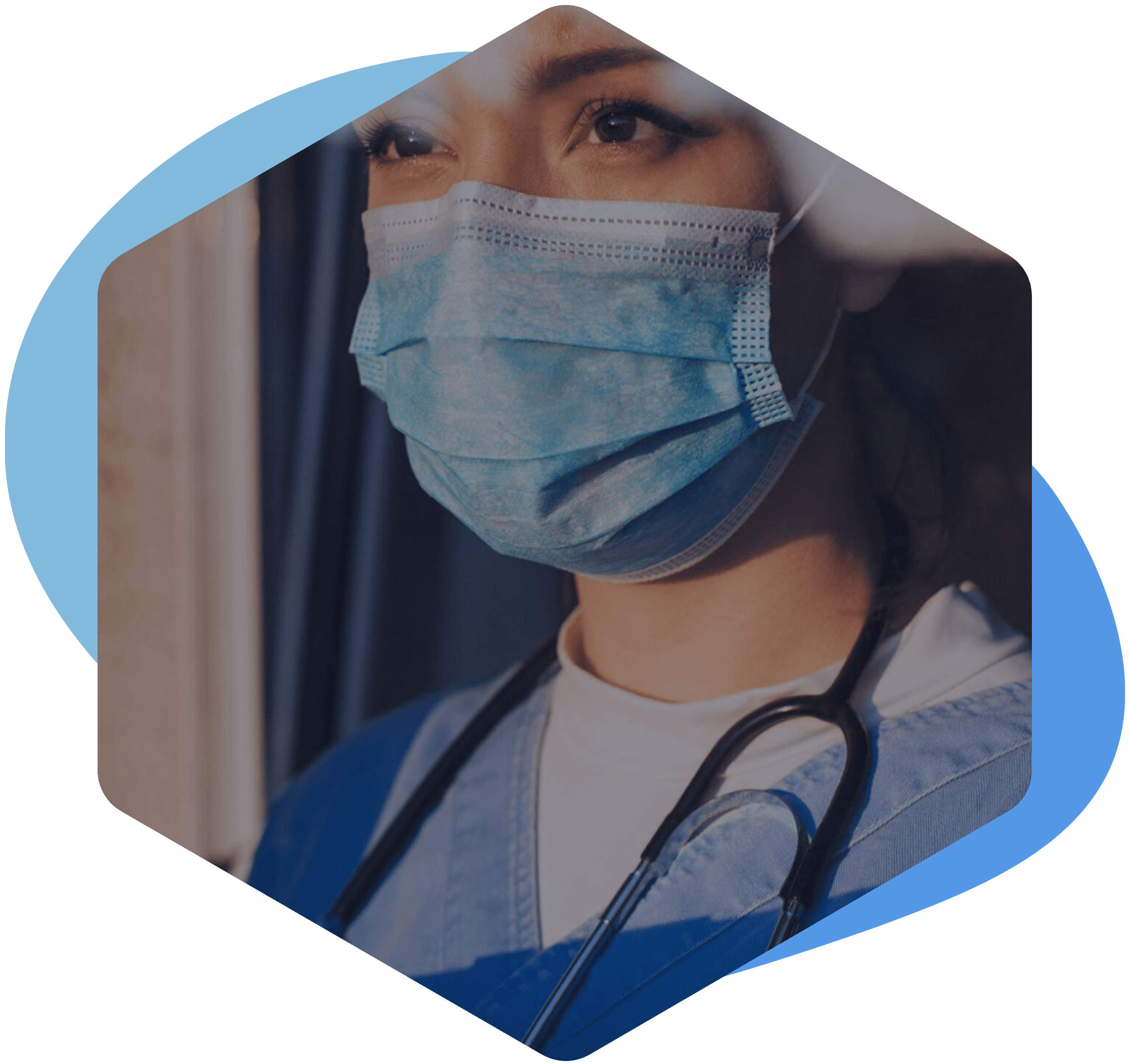 A hexagon shape showing a healthcare worker wearing a facemask in the centre.