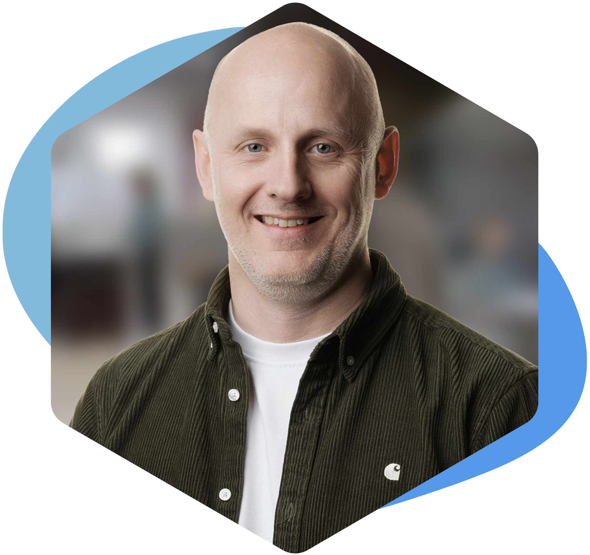 Portrait of Dave Kerby in a hexagon with artistic