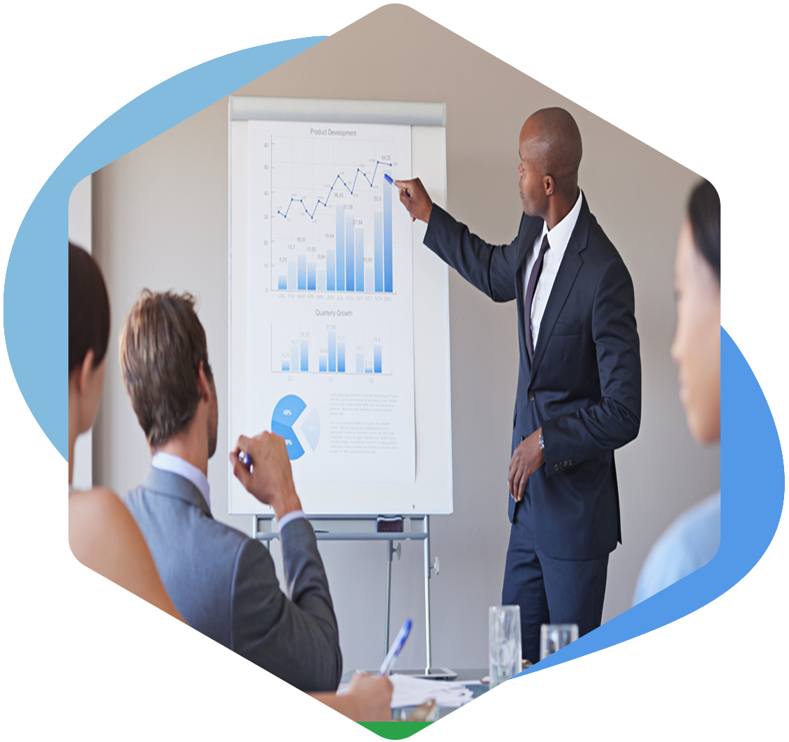 People discussing data in a meeting