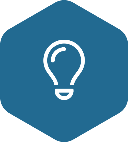 A hexagon shape showing a lightbulb in the centre.