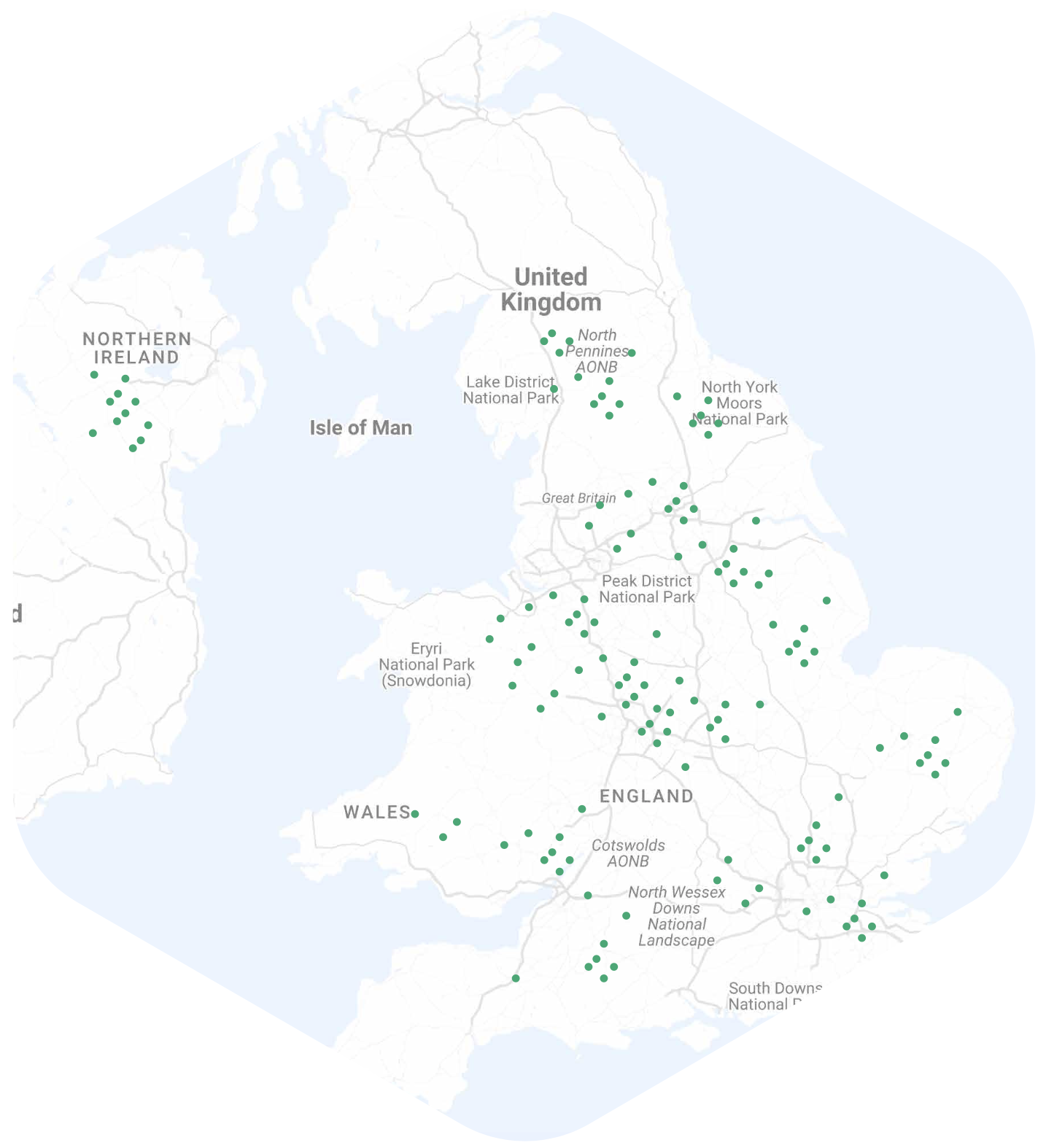 A map of the United Kingdom, showing the general locations of the Simpson Associates workforce.