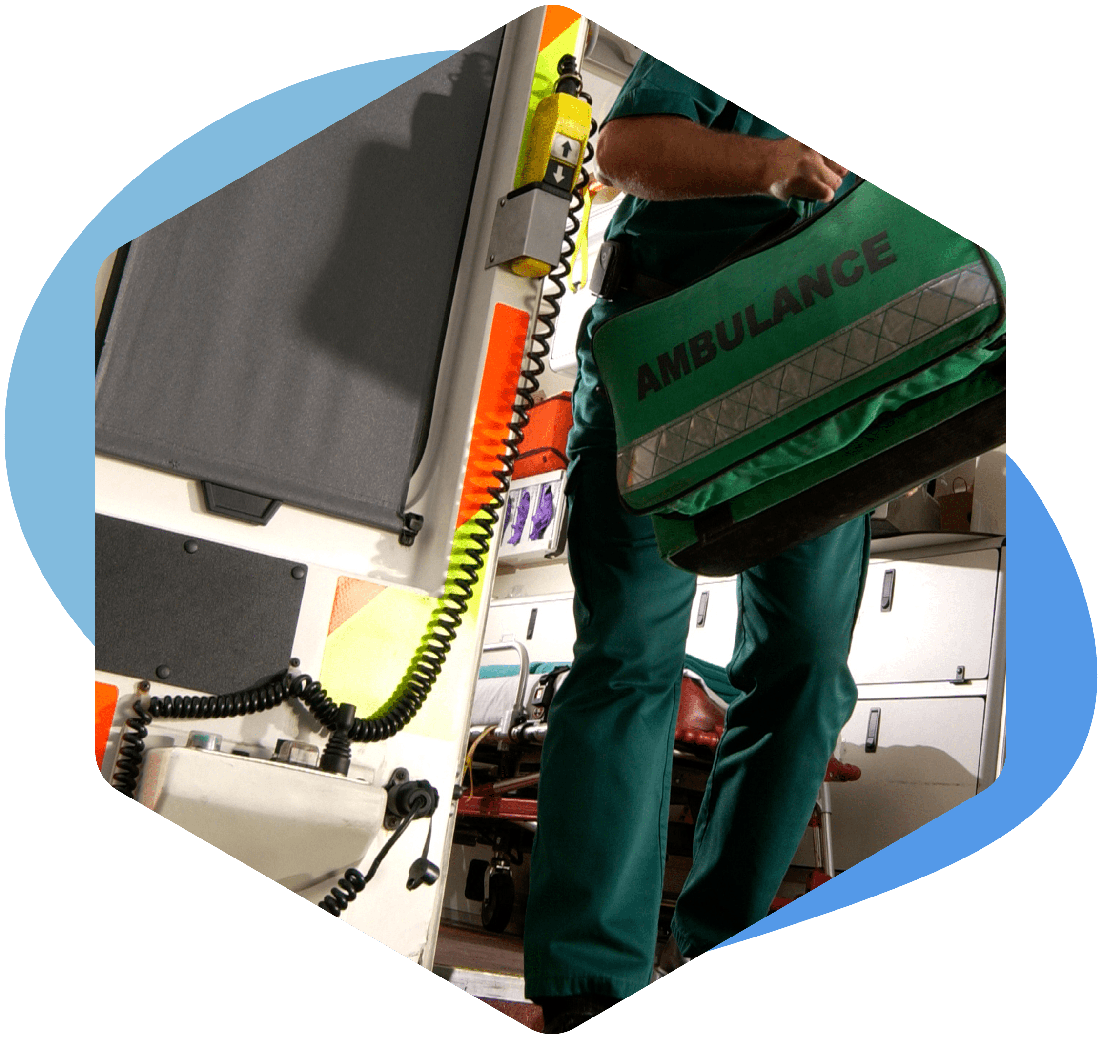 A hexagon shape with an image in the centre showing a paramedic leaving the ambulance with medical equipment.