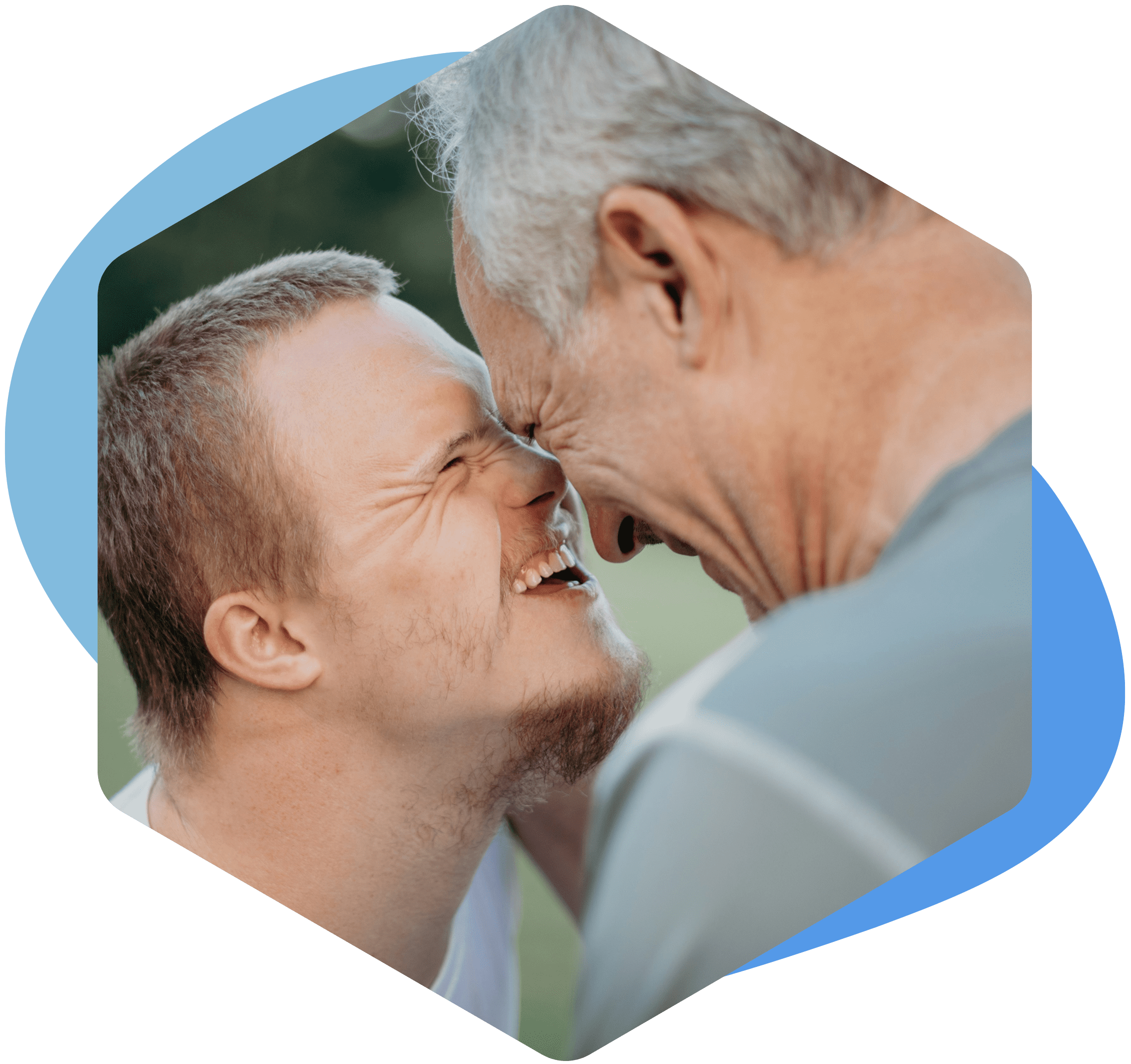 hex of man and son, smiling, foreheads pressed together.