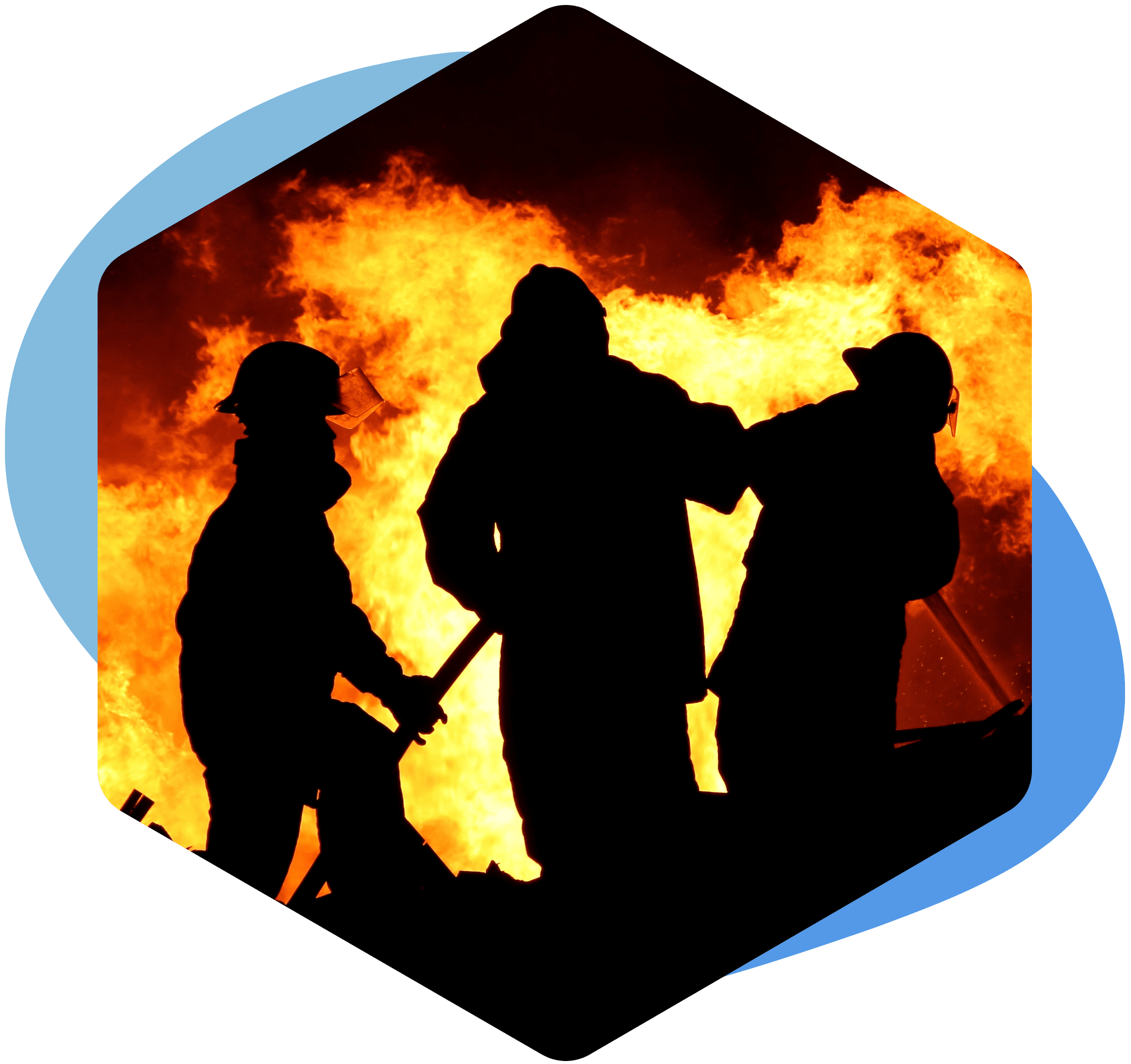 A hexagon shape containing an image of firefighters tackling a fire.