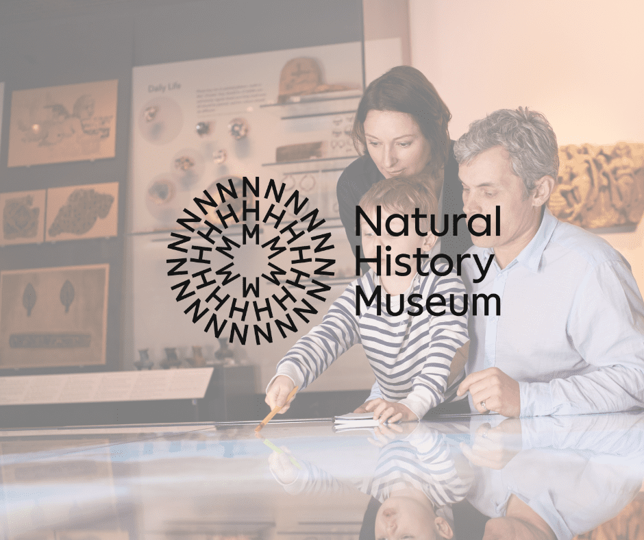 National History Museum with a background image of a family visiting the museum.