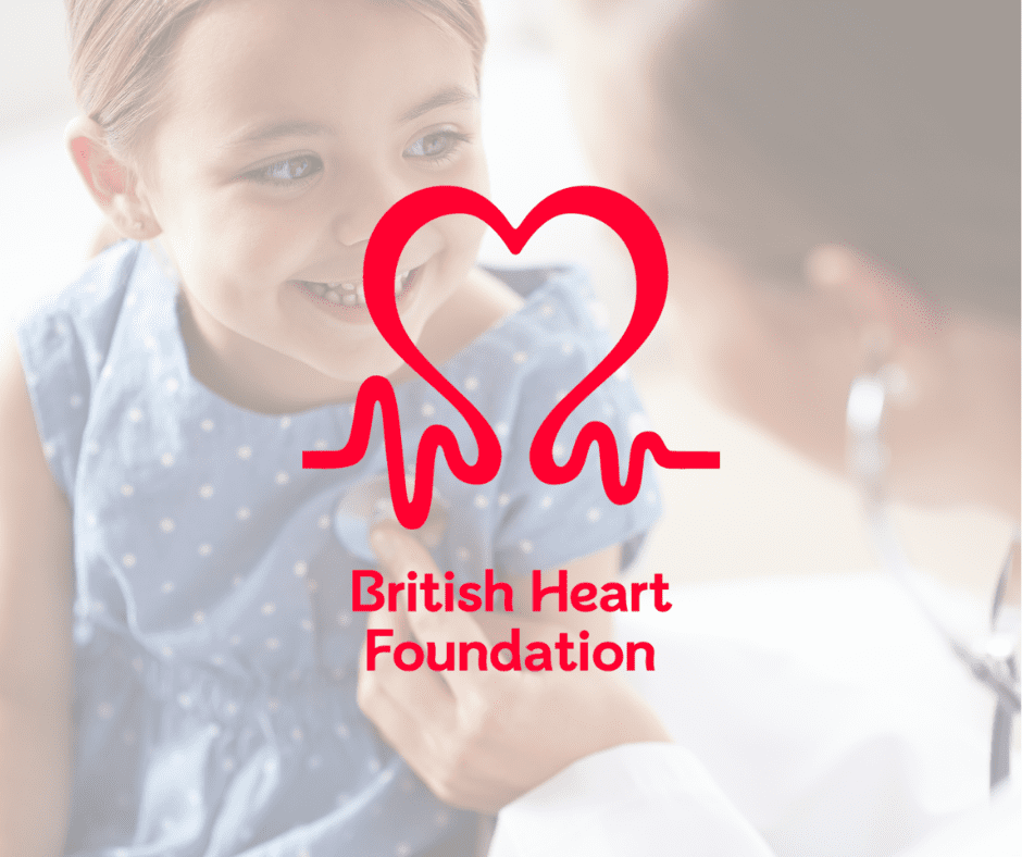 British Heart Foundation Logo, with a background image of a child having their heart checked.