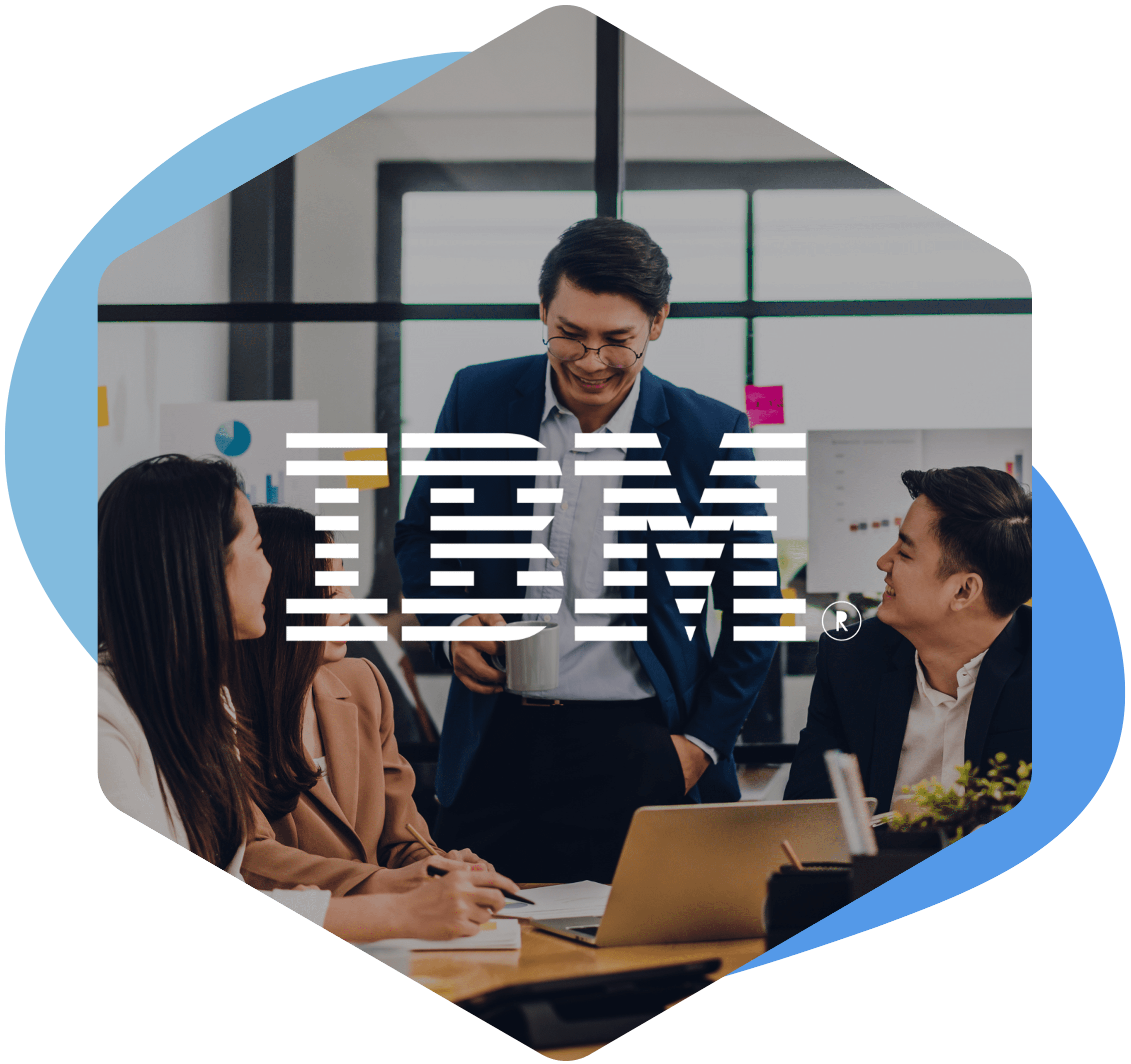IBM Logo placed on a hexagon image of employees in discussion around a table.