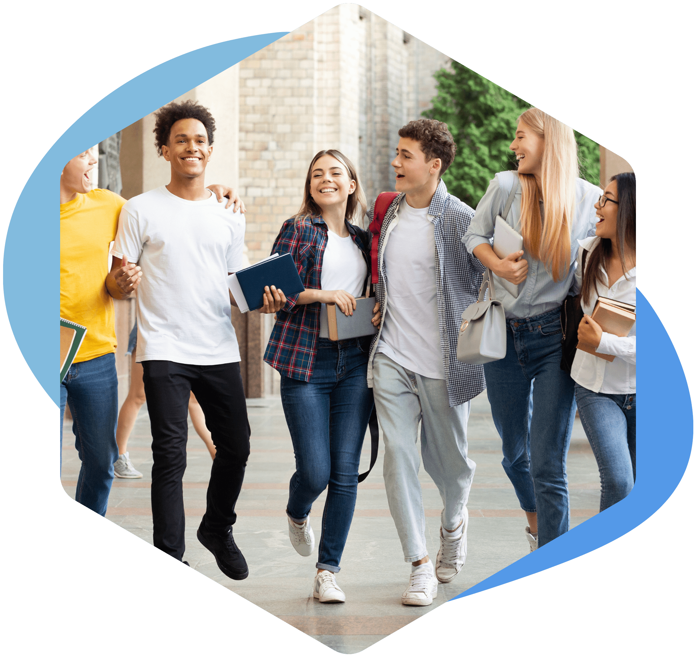 A hexagon shape showing a group of students walking together laughing.