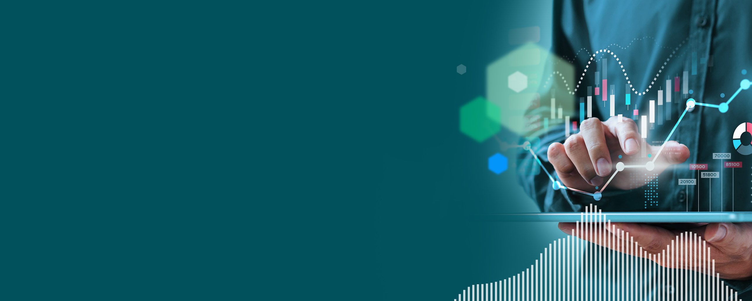 A header banner containing geometric shapes, as well as an image showing a tablet with various graphs and charts.