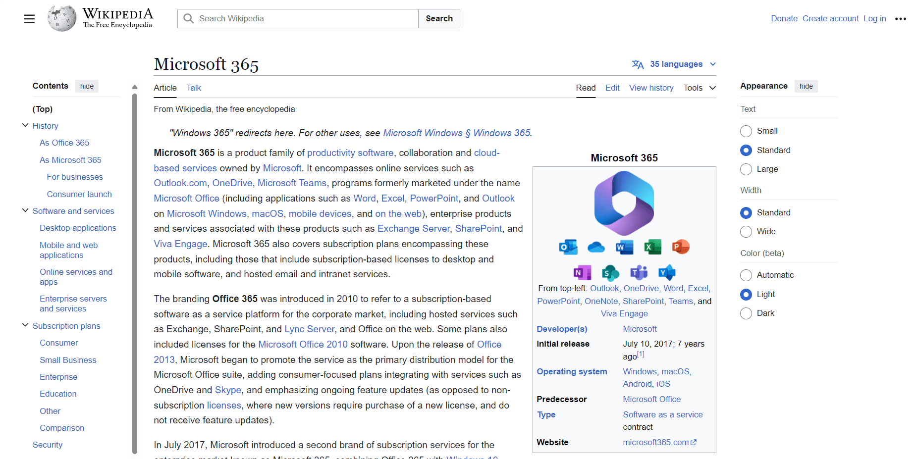 Microsoft 365 Wikipedia page
